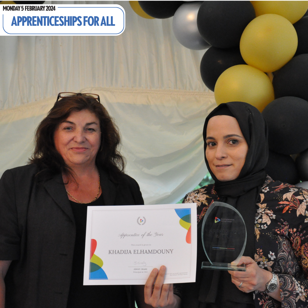 Khadija hold certificate that says 'Apprentice of the Year'